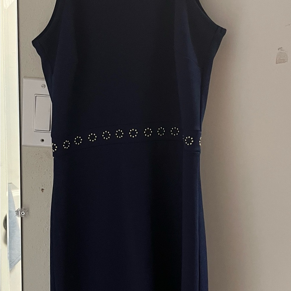 Michael Kors Navy Midi Dress with Embellished Waist